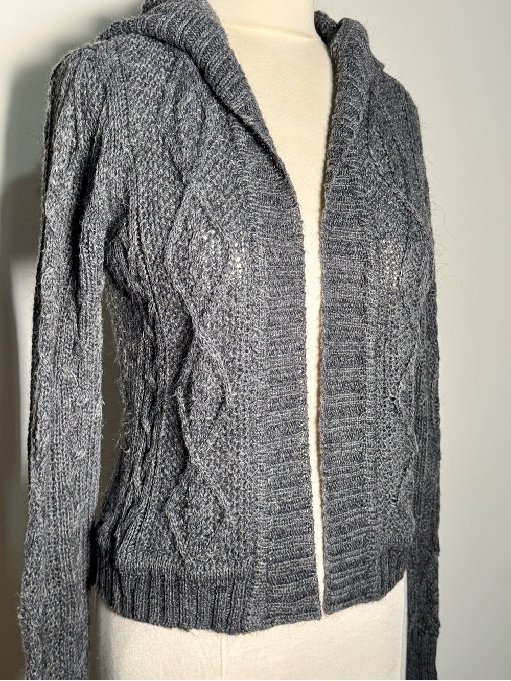 Cabi Gray Cable-Knit Hooded Women’s Sweater Cardigan Alpaca